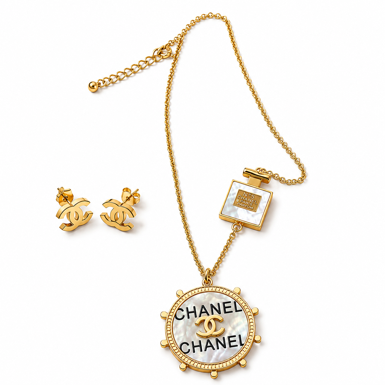Gold Designer-Inspired CC Necklace & Earring Set