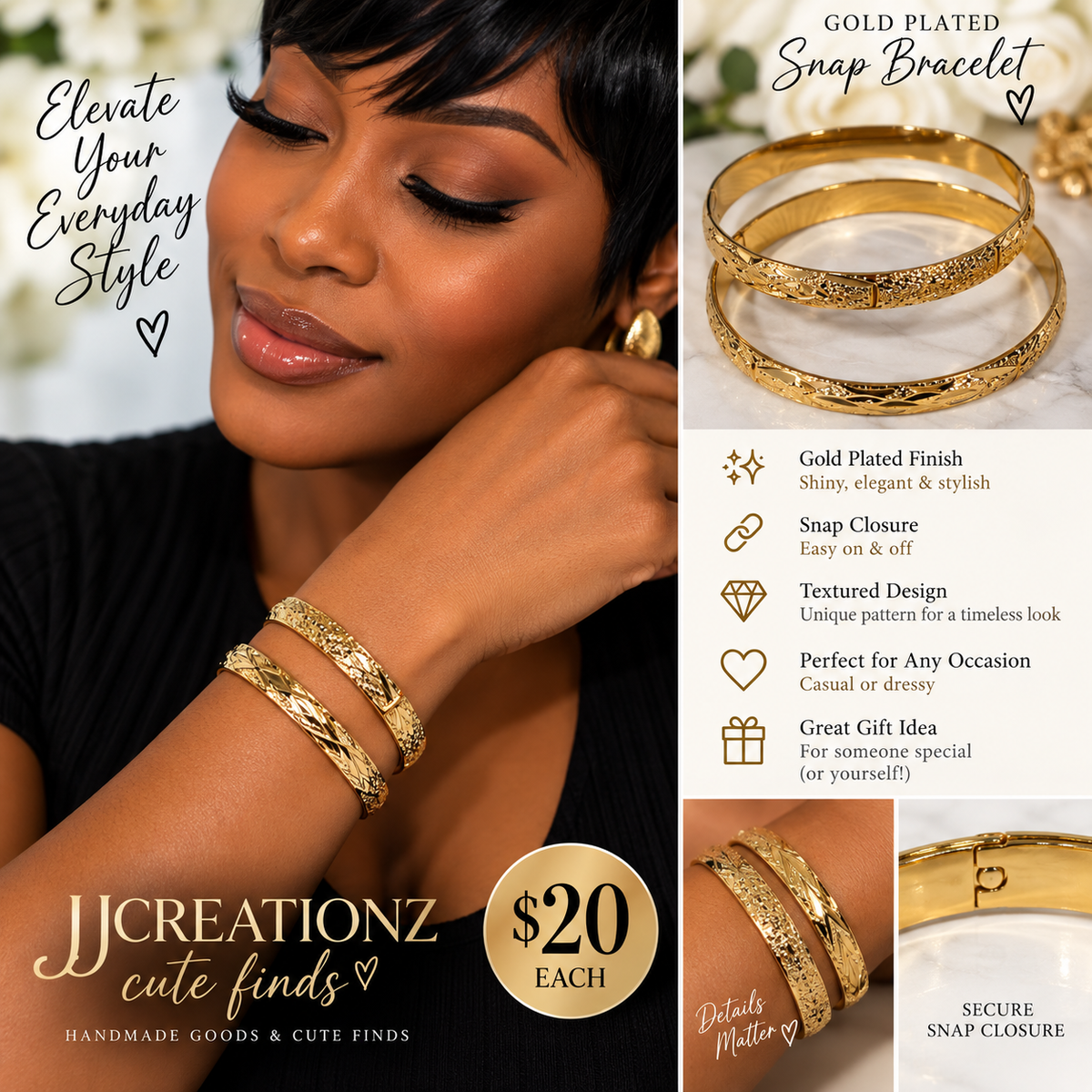 Gold-Plated Textured Snap Bracelet