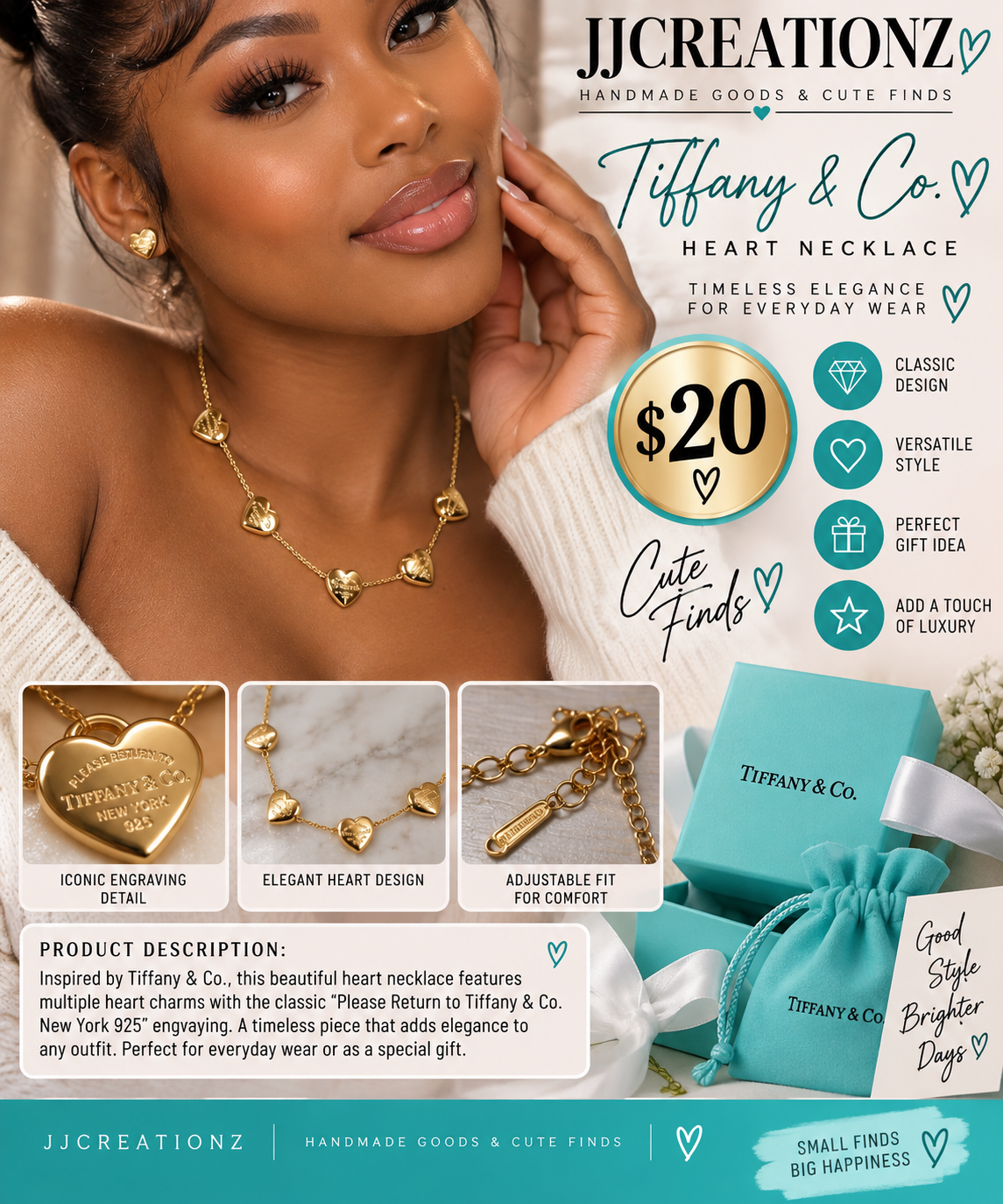 Gold-Tone Designer-Inspired Heart Charm Necklace – $20