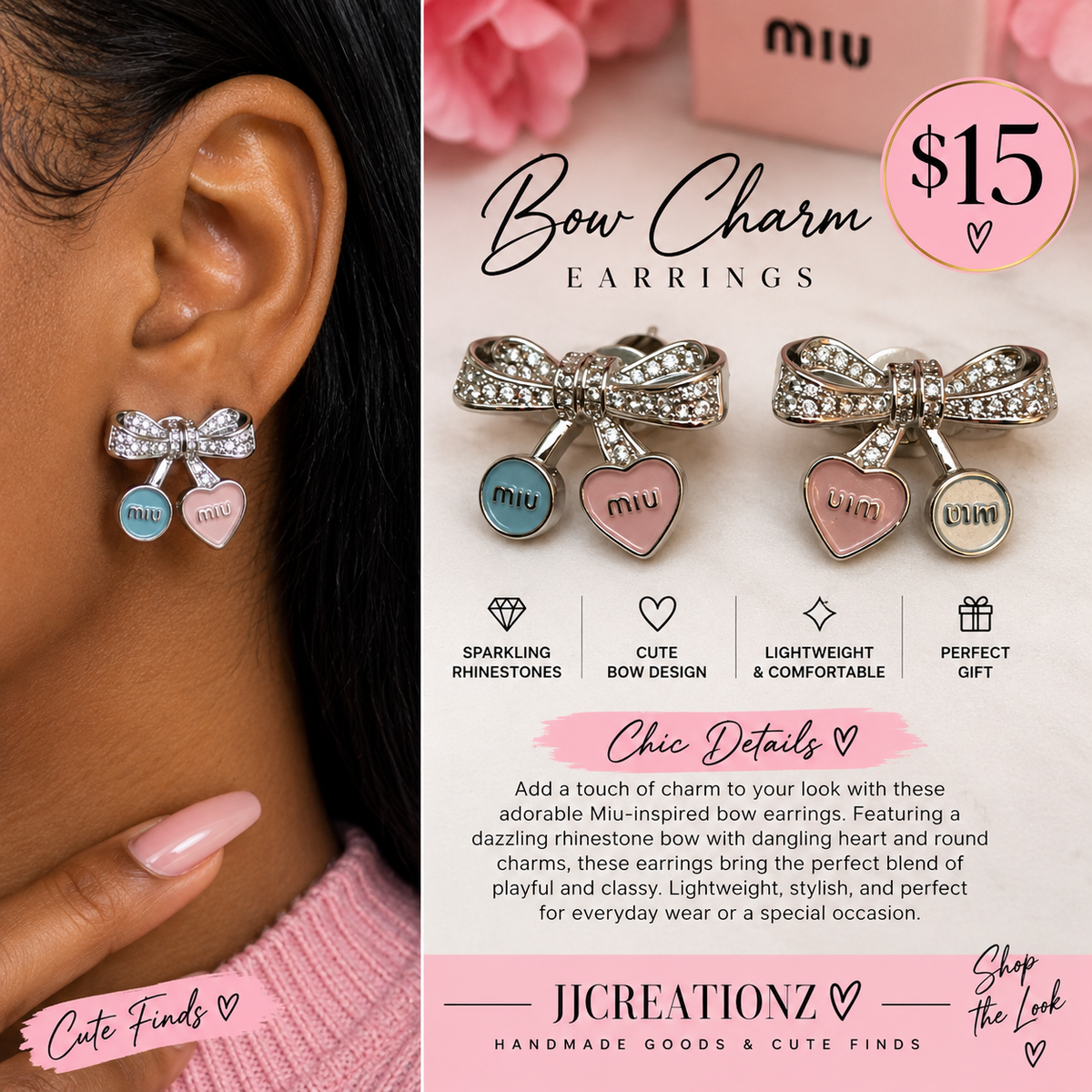 Miu-Inspired Sparkling Bow Charm Earrings – Silver