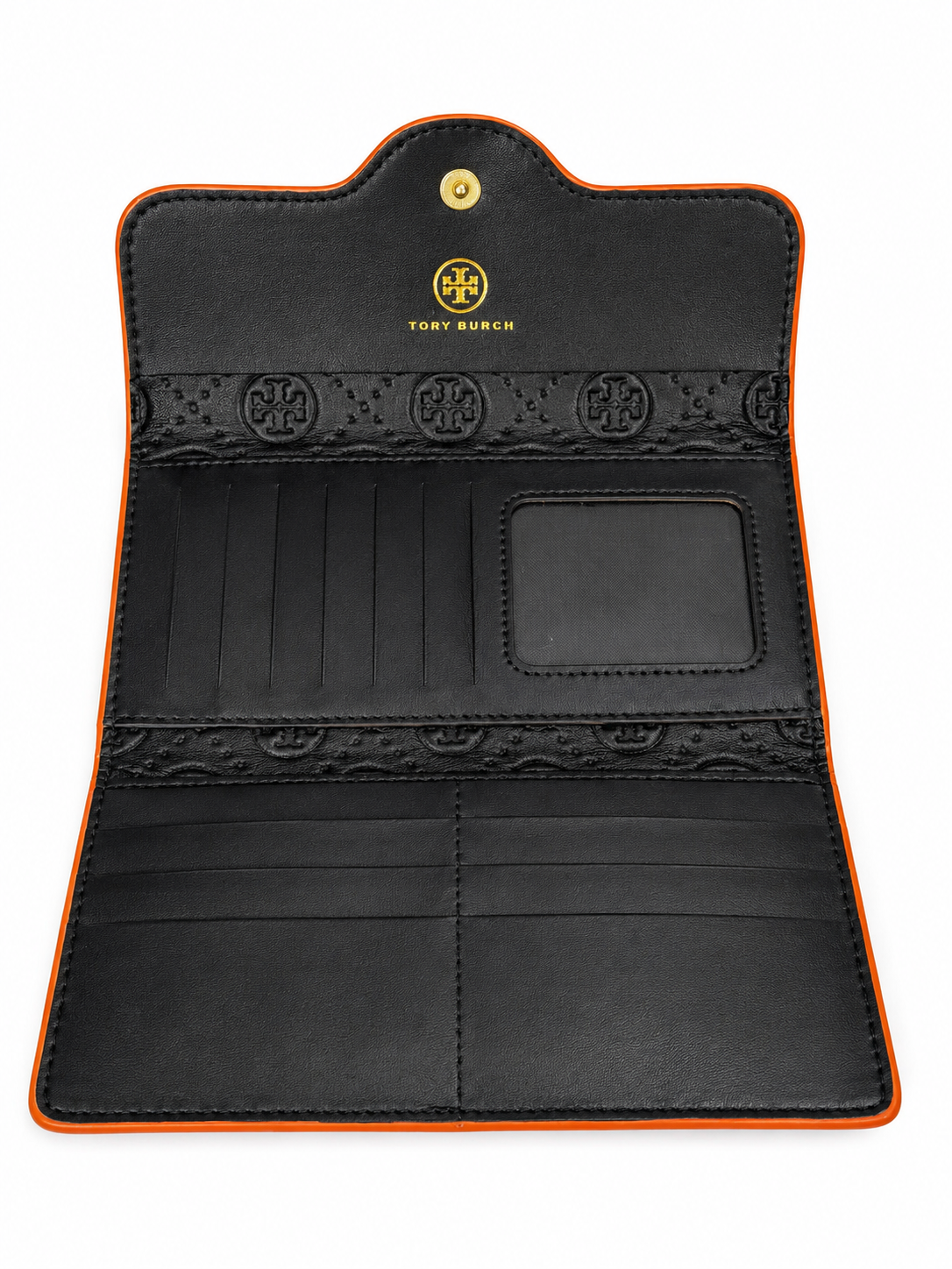 Black & Orange Designer-Inspired Continental Wallet with Gold Accents