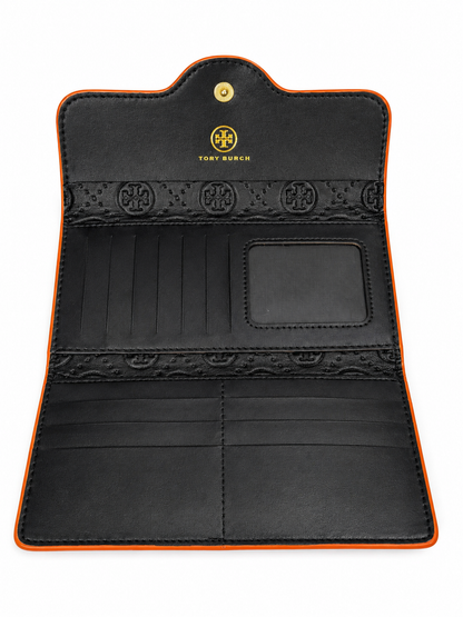 Black & Orange Designer-Inspired Continental Wallet with Gold Accents