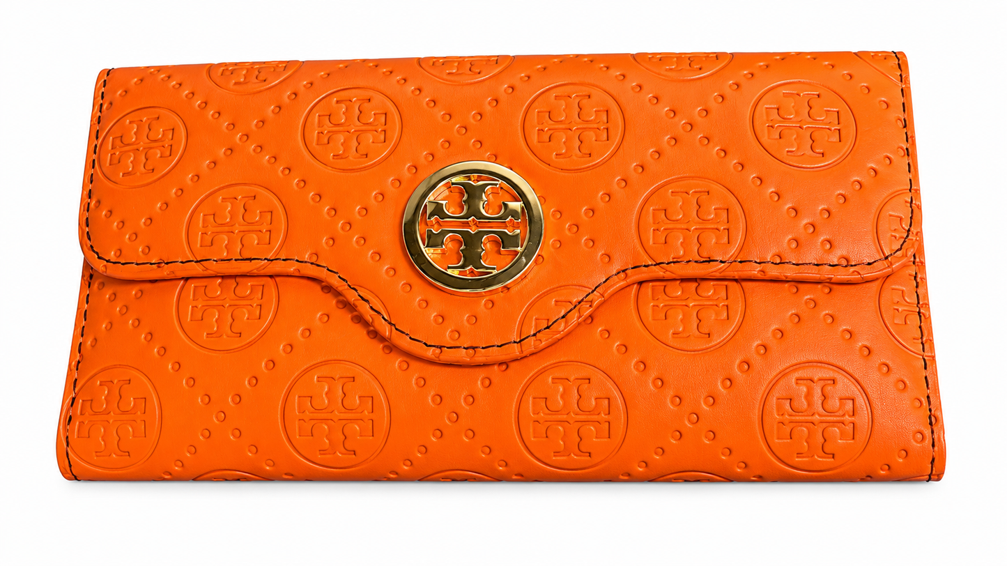 Black & Orange Designer-Inspired Continental Wallet with Gold Accents
