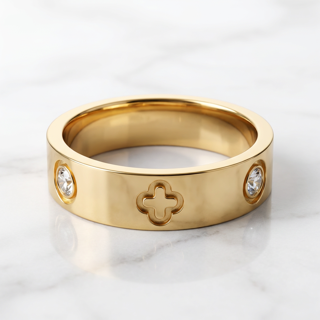 Gold-Tone Crystal Band Ring – Clover Motif Statement Ring