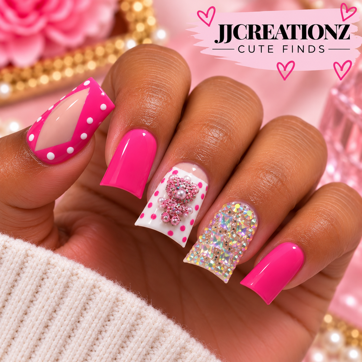 Pretty in Pink Teddy Bear Bling Press-On duck Nails-medium