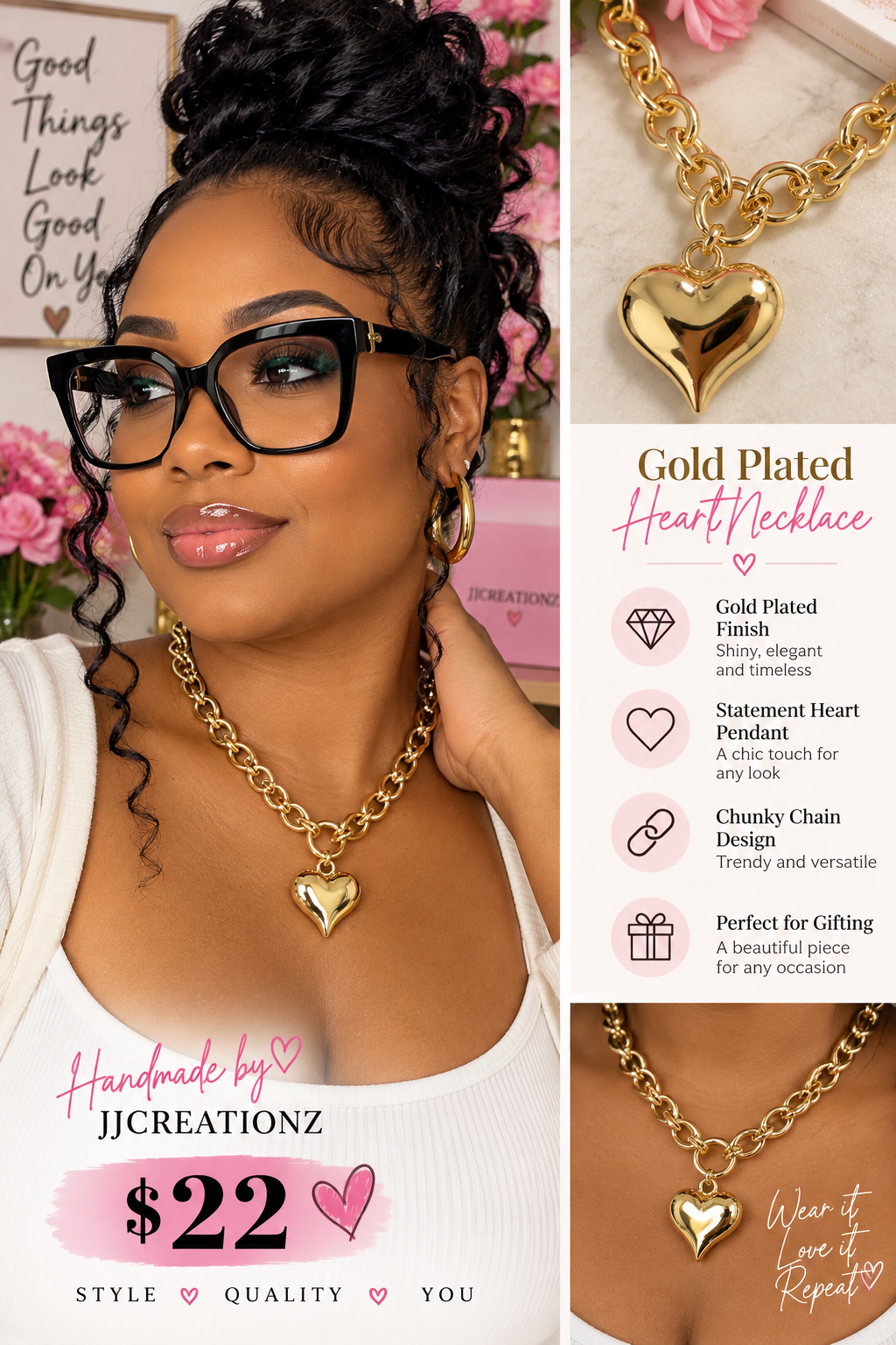 Gold-Plated Chunky Chain Heart Pendant Necklace