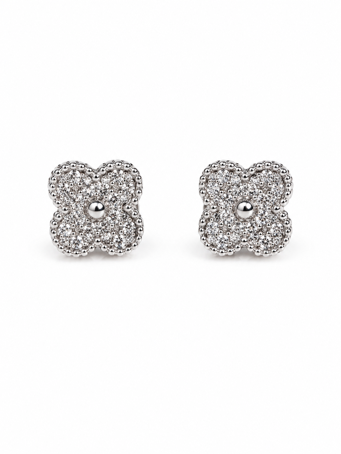 Silver Crystal Clover Stud Earrings