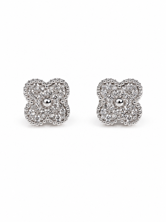 Silver Crystal Clover Stud Earrings