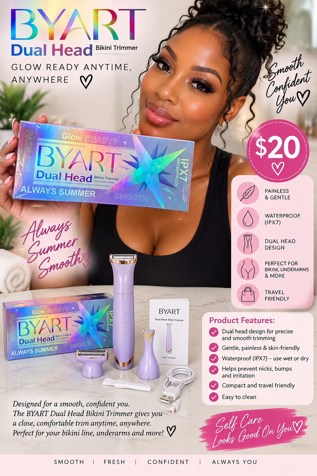 BYART Dual Head Waterproof Bikini Trimmer – Women’s Electric Hair Remover