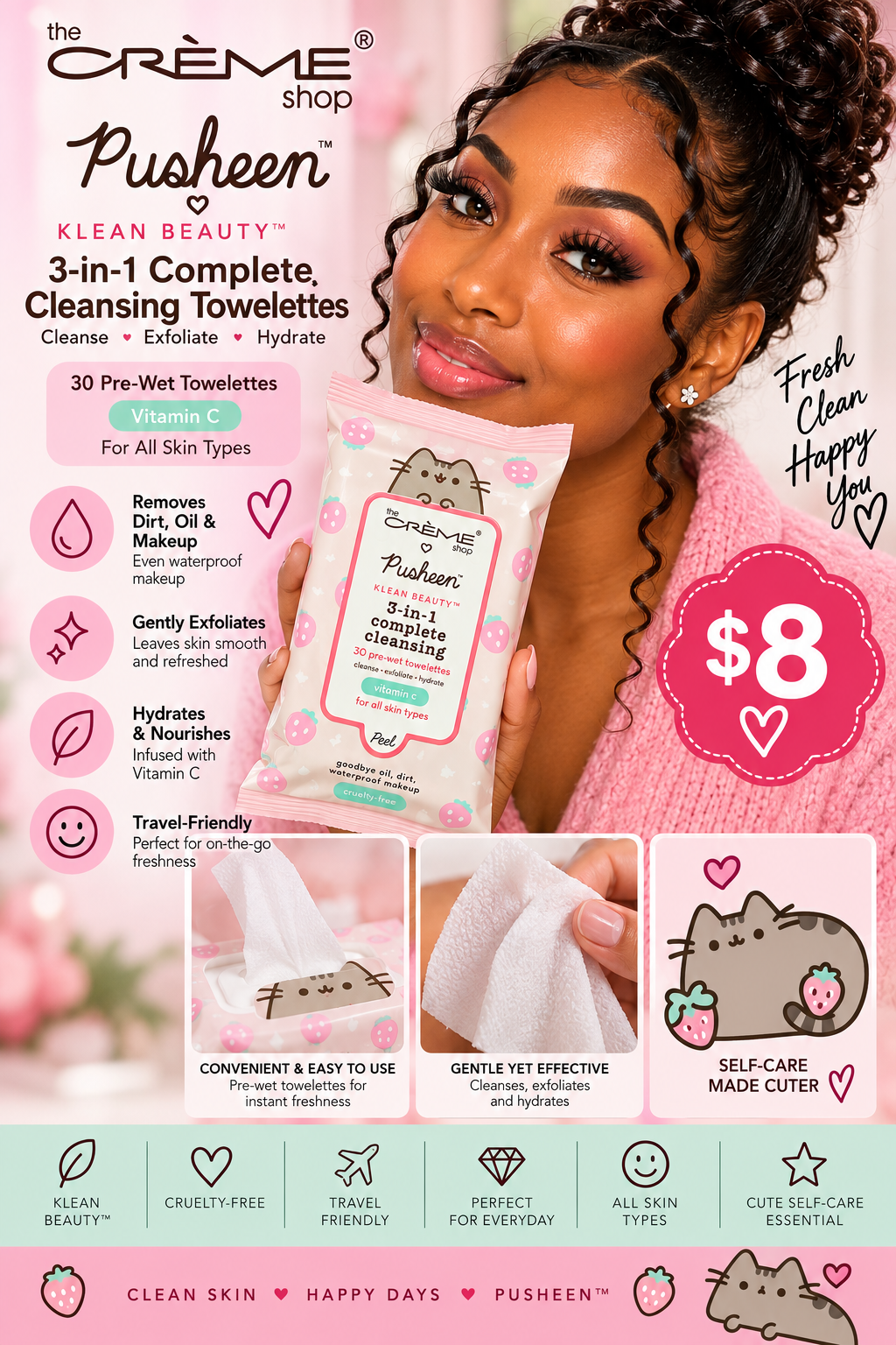 The Crème Shop x Pusheen 3-in-1 Complete Cleansing Towelettes with Vitamin C – 30 Count