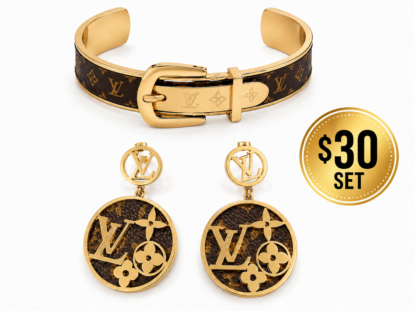 Luxe Brown & Gold Cuff Bracelet + Statement Earrings Set