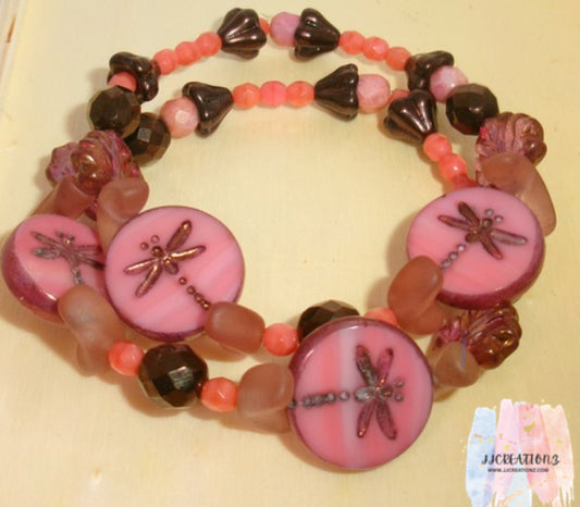🌸 Handmade Dragonfly Beaded Stretch Bracelet – Pink & Brown Tones