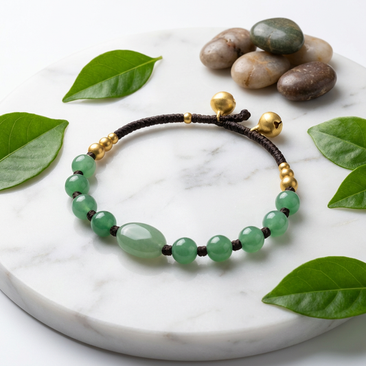 Jade Green Adjustable Beaded Bracelet – Gold Accent Cord Bracelet