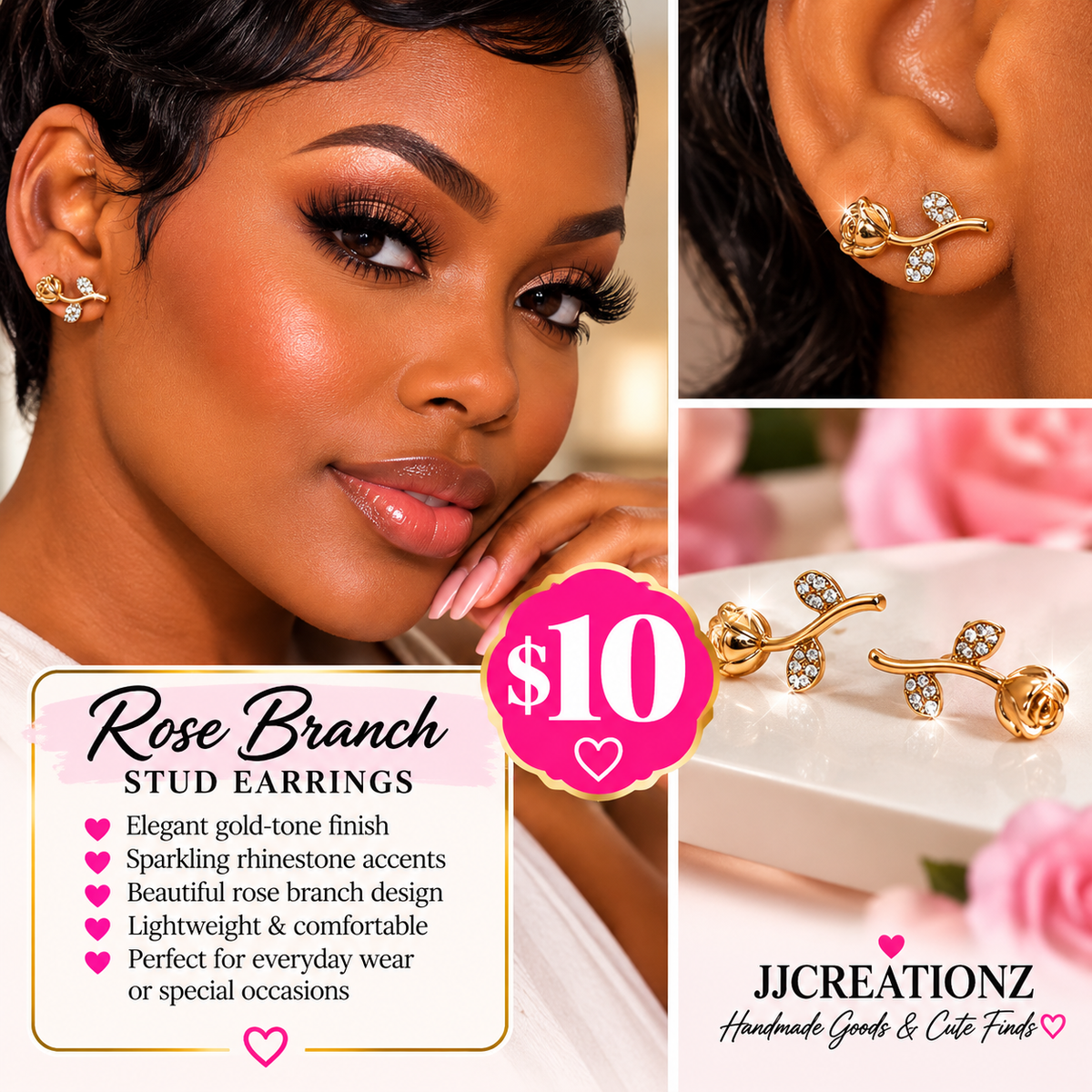 Elegant Gold-Tone Rose Branch Stud Earrings – Rhinestone Accents