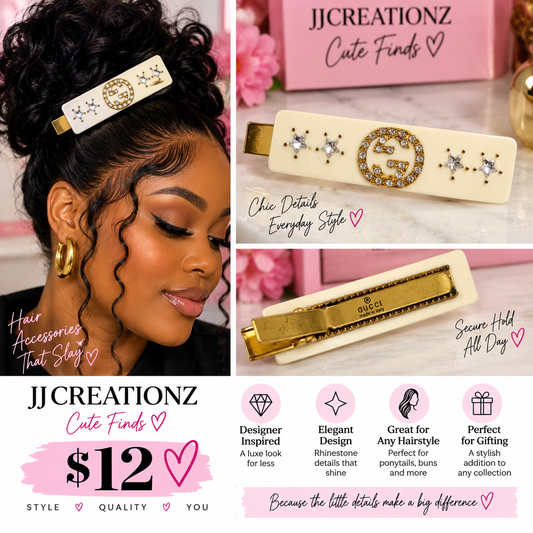 Designer-Inspired Rhinestone GG Hair Clip – Elegant Cream & Gold