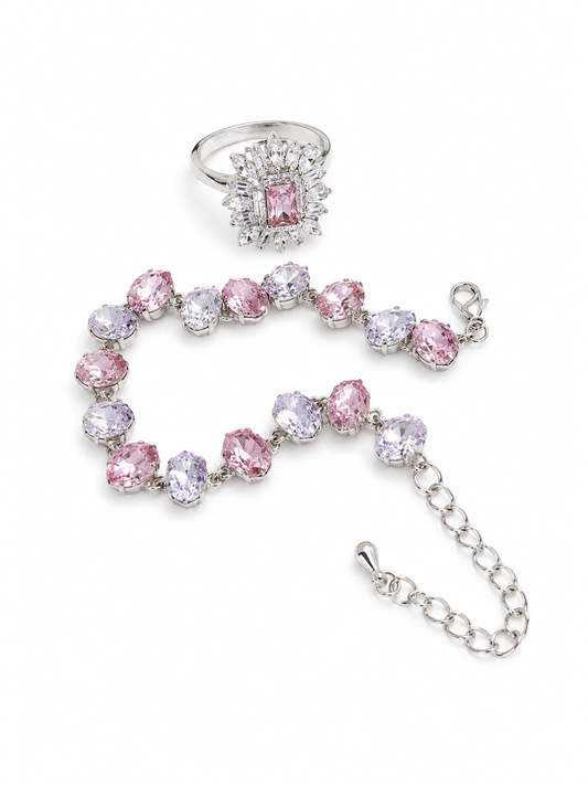Blush Crystal Elegance Jewelry Set – Pink Gemstone Bracelet & Statement Ring