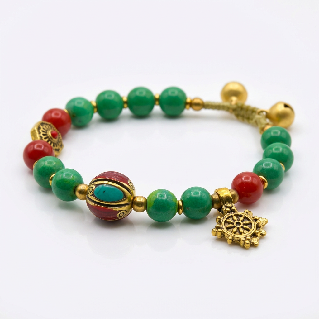 Green Beaded Charm Bracelet with Gold Compass Pendant