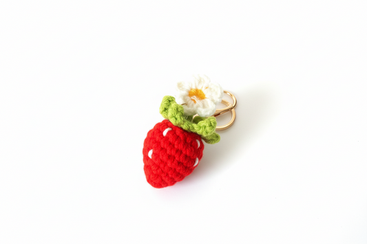 Handmade Crochet Strawberry Flower Keychain – Cute Amigurumi Fruit Charm