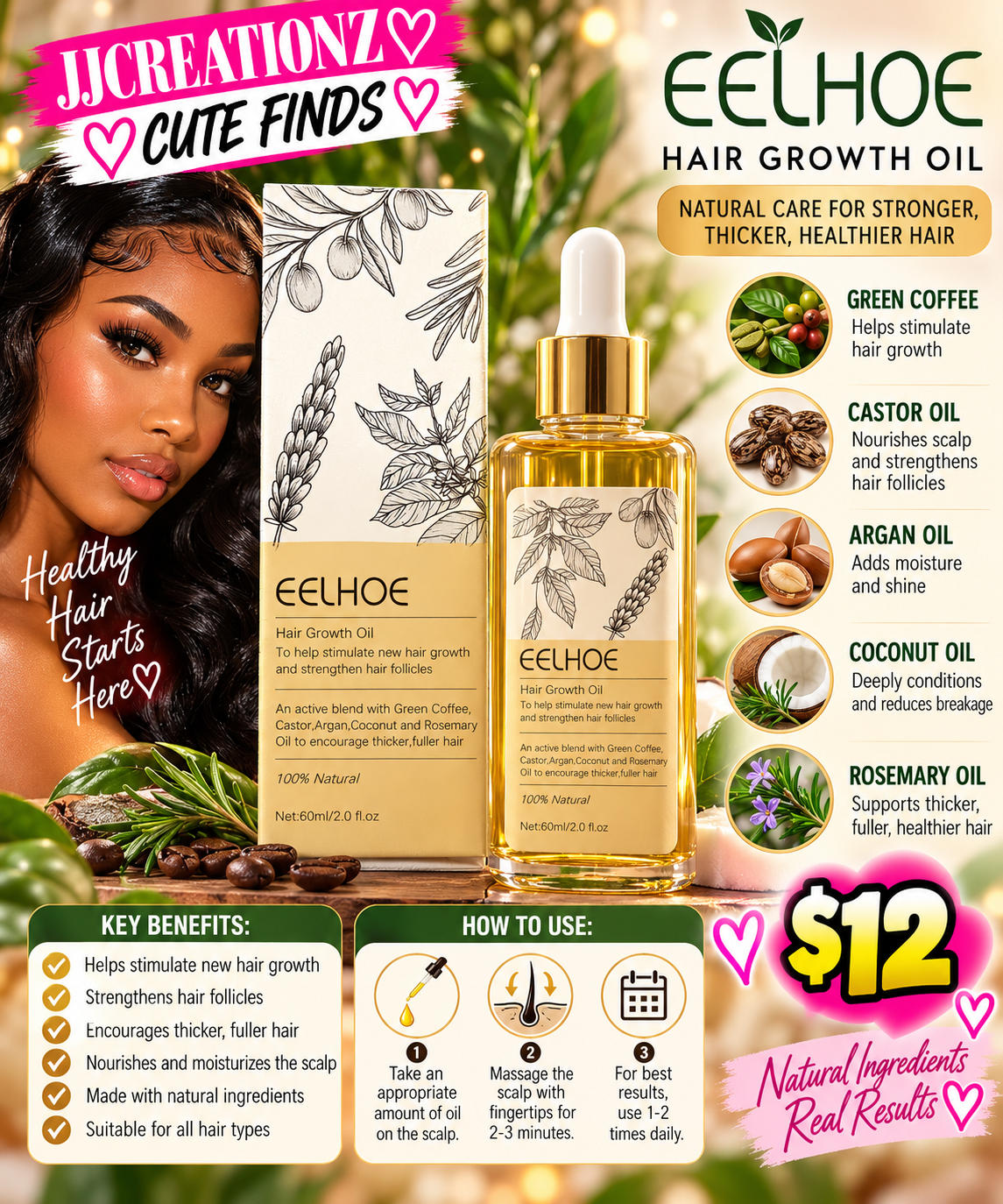 EELHOE Natural Hair Growth Oil – Rosemary, Castor & Argan Oil | Strengthening & Nourishing Hair Treatment – 60ml