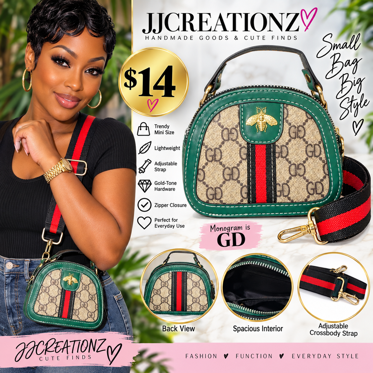 GD Monogram Mini Crossbody Bag with Bee Accent – Green