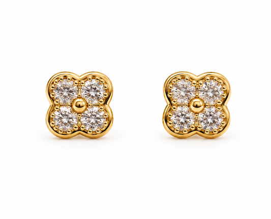 Sparkling Clover Stud Earrings – Gold Tone