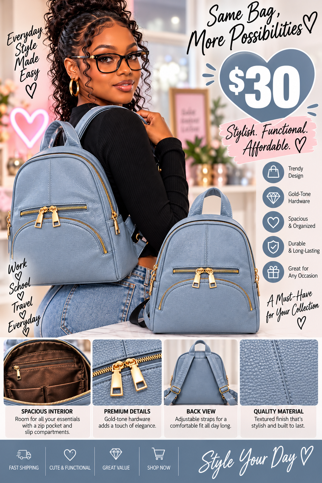 Powder Blue Everyday Backpack with Gold-Tone Accents