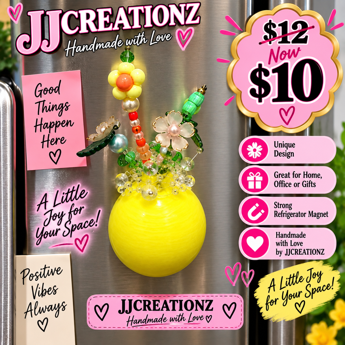 Handmade Yellow Floral Beaded Vase Refrigerator Magnet – Decorative Mini Flower Arrangement by JJCREATIONZ
