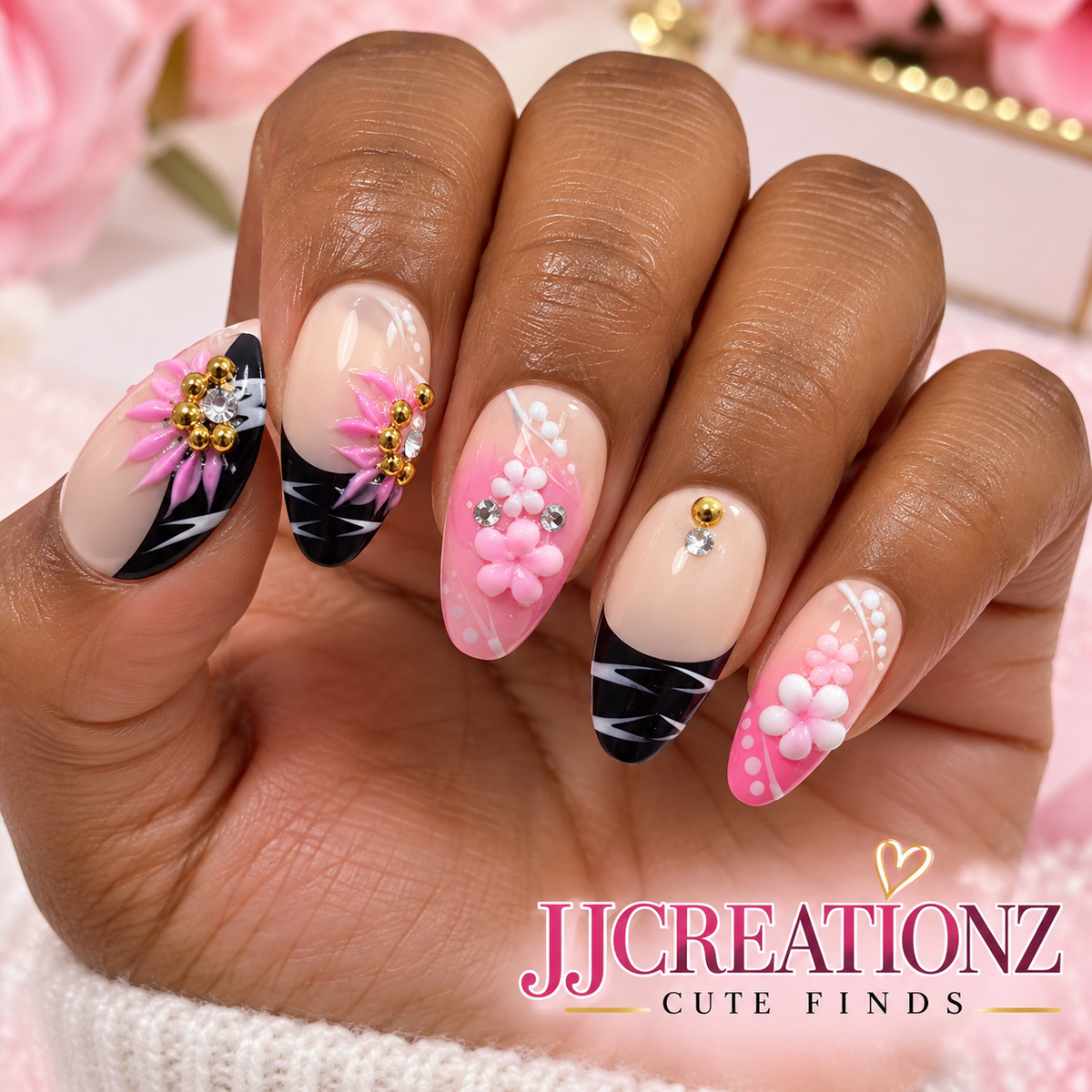 Pink Midnight Blossom Stiletto Press-On Nails -medium