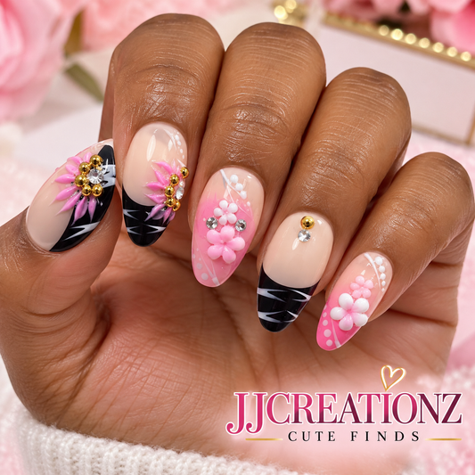 Pink Midnight Blossom Stiletto Press-On Nails -medium