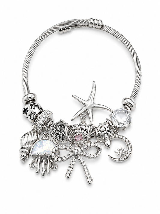 Ocean Dreams Charm Bracelet – Silver Tone Coastal Crystal Bangle