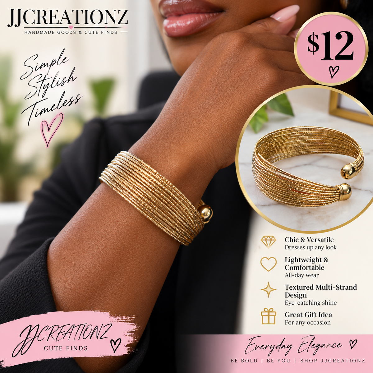 Gold Textured Multi-Strand Cuff Bracelet – Everyday Elegance