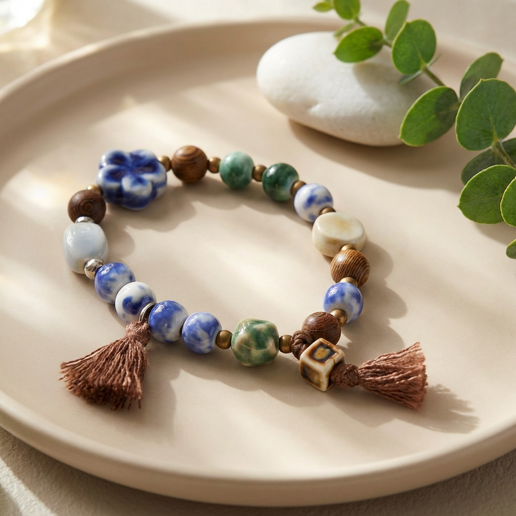 Boho Floral Beaded Bracelet – Ceramic & Wood Bead Stretch Bracelet