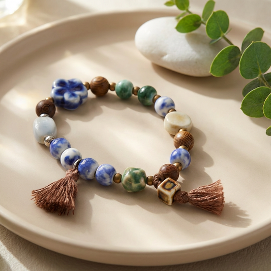 Boho Floral Beaded Bracelet – Ceramic & Wood Bead Stretch Bracelet
