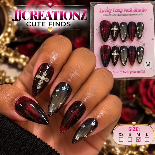 Midnight Gothic Cross & Stars Press-On Nails | Size Medium