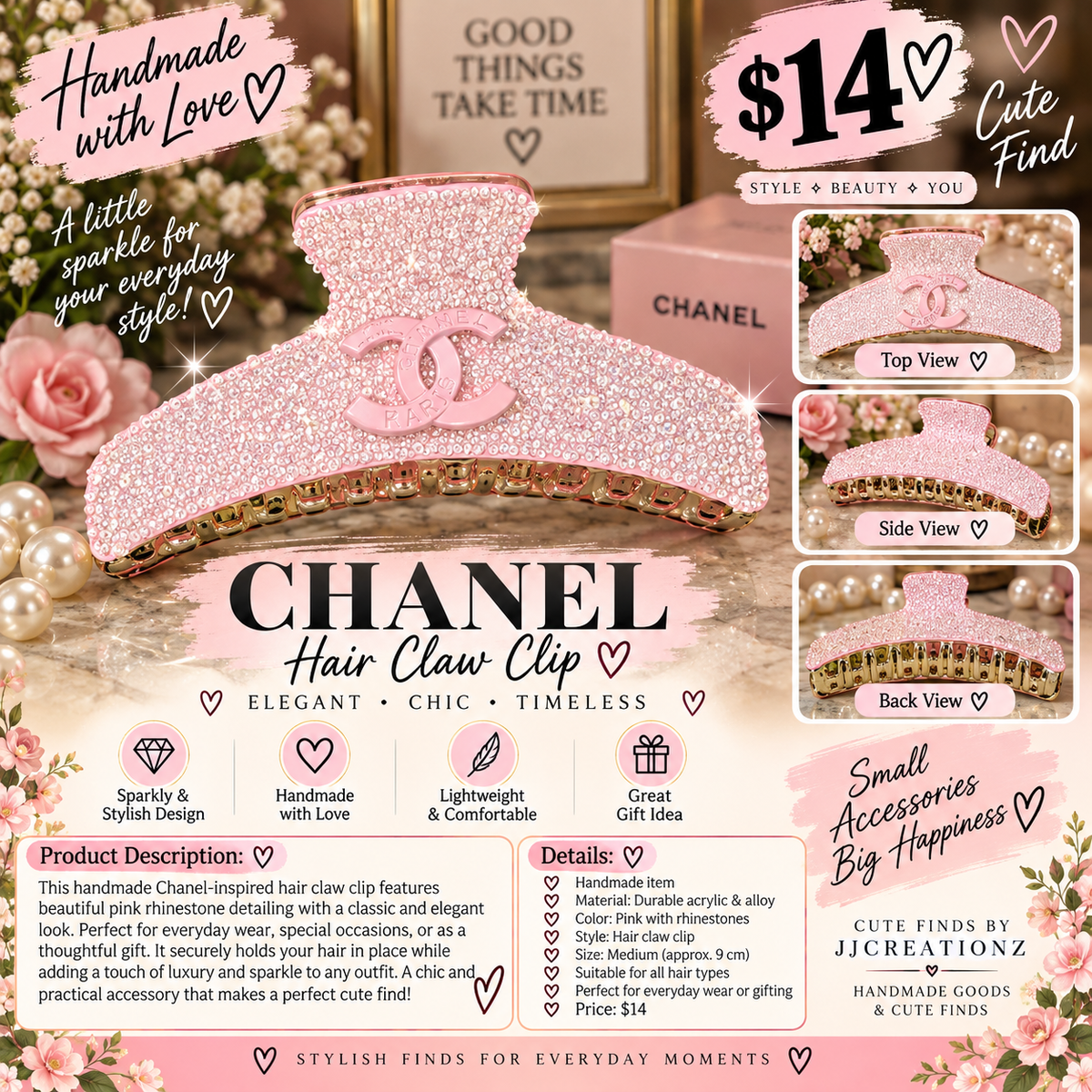 Chanel-Inspired Pink Rhinestone Hair Claw Clip – Elegant Sparkling Hair Accessory