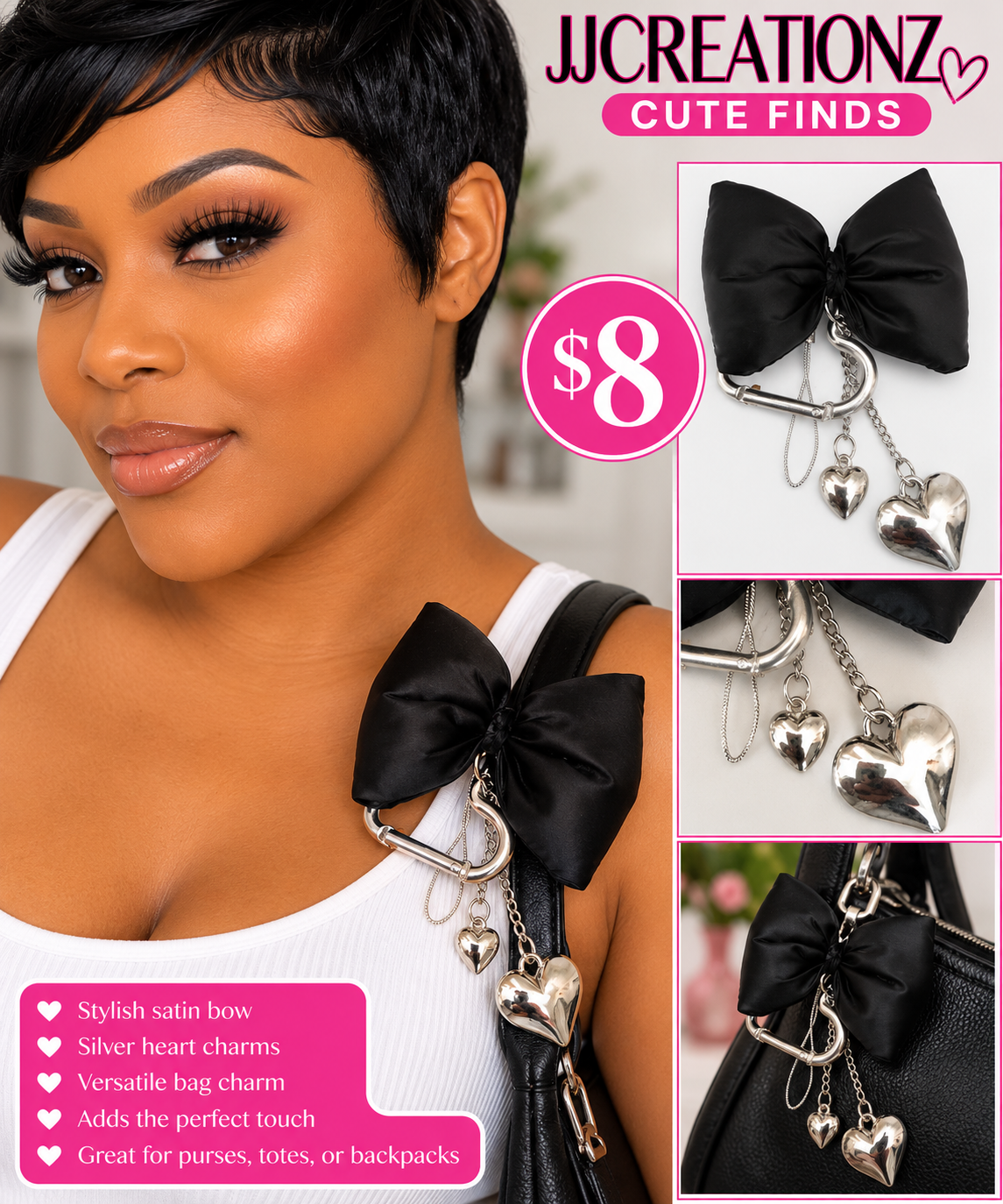 Black Satin Bow & Silver Heart Bag Charm