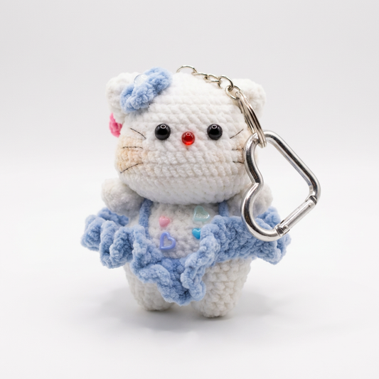 Handmade Crochet Kitty Keychain – Cute Blue Dress Cat Plush Bag Charm