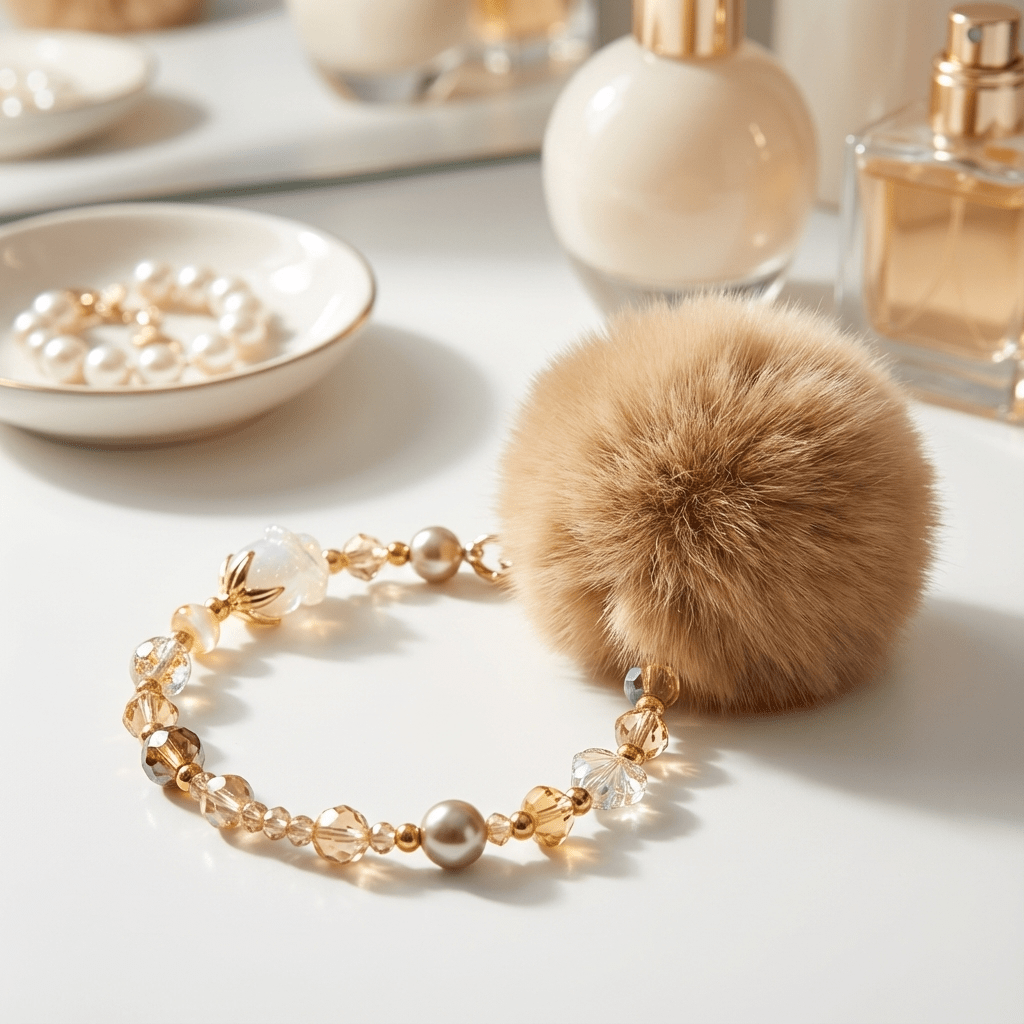 Golden Neutral Beaded Charm with Fluffy Pom – Phone / Bag Accessory