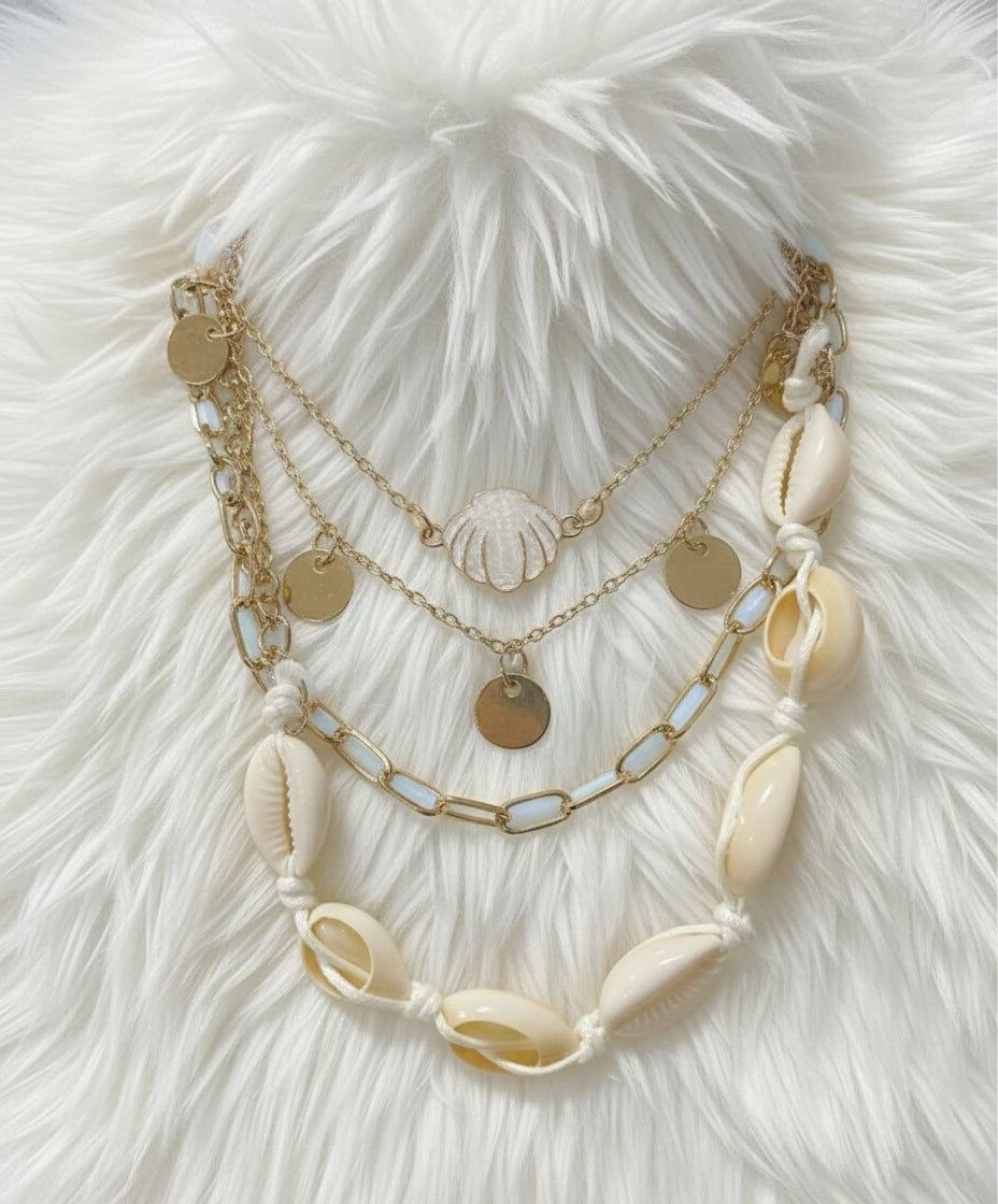 🌊 Layered Seashell & Gold Coin Pendant Necklace Set – Boho Beach Jewelry