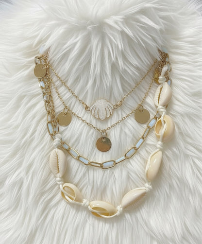 🌊 Layered Seashell & Gold Coin Pendant Necklace Set – Boho Beach Jewelry