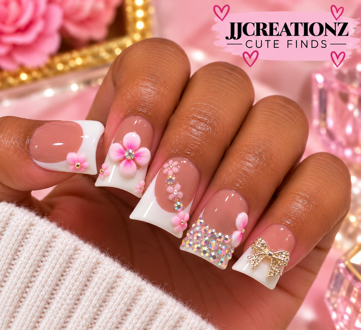 Pink Blossom Glam – 3D Floral & Rhinestone French Tip Press-On Duck Nails-medium