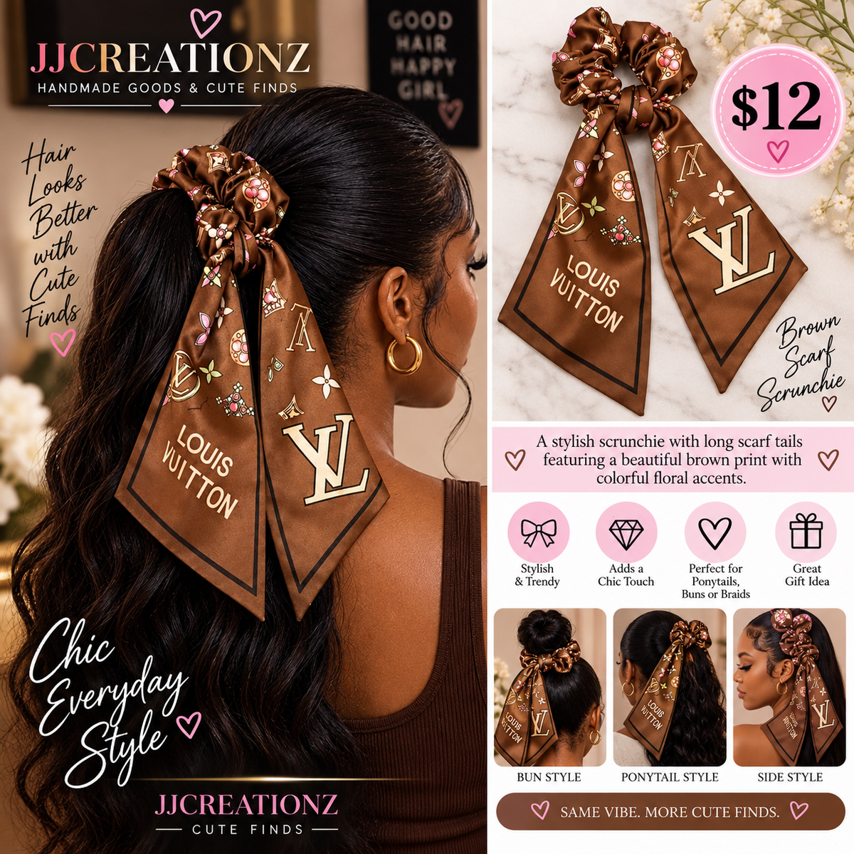 Brown Designer-Inspired Scarf Scrunchie with Long Tails