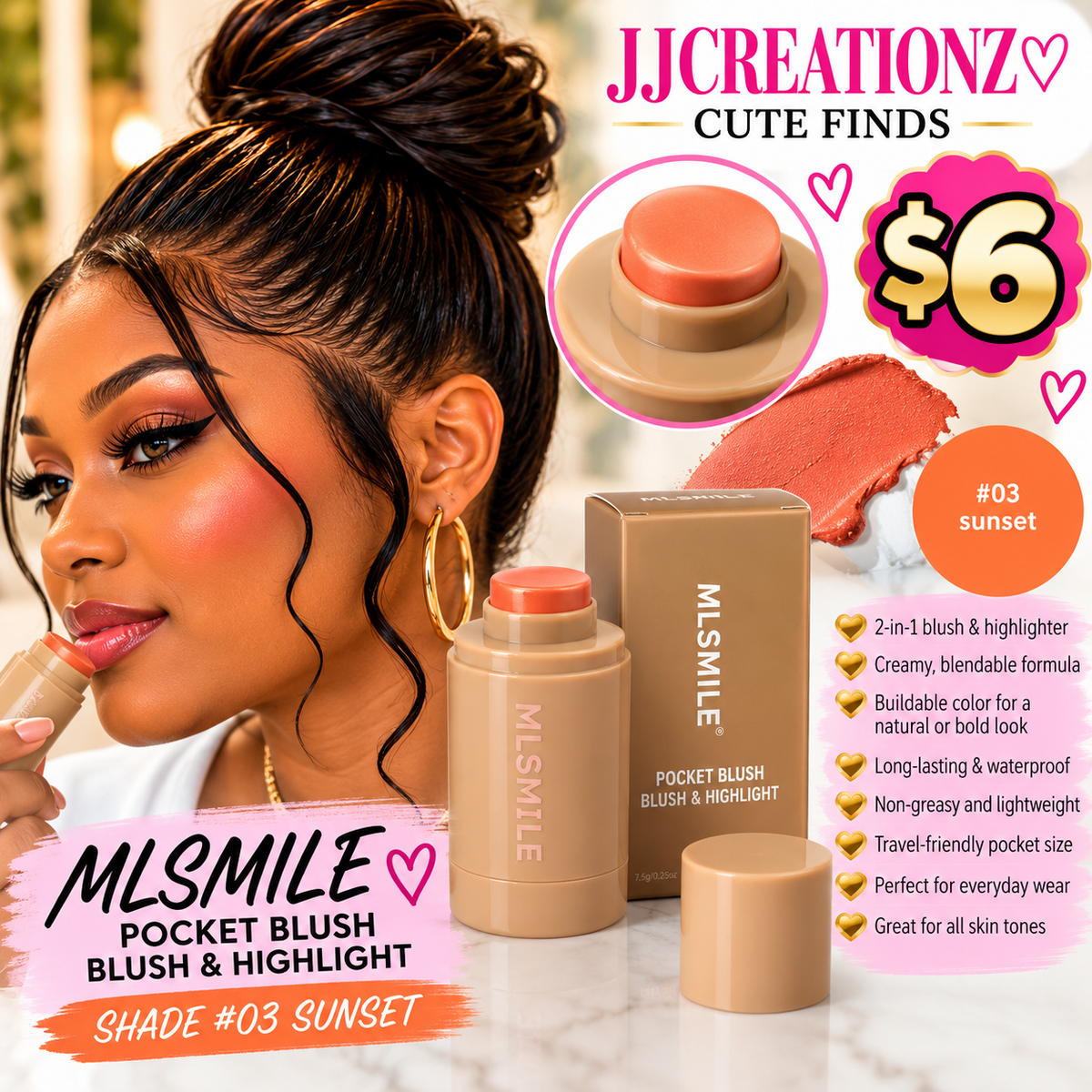 MLSMILE 2-in-1 Pocket Blush & Highlighter Stick – Shade #03 Sunset | Cream Blush