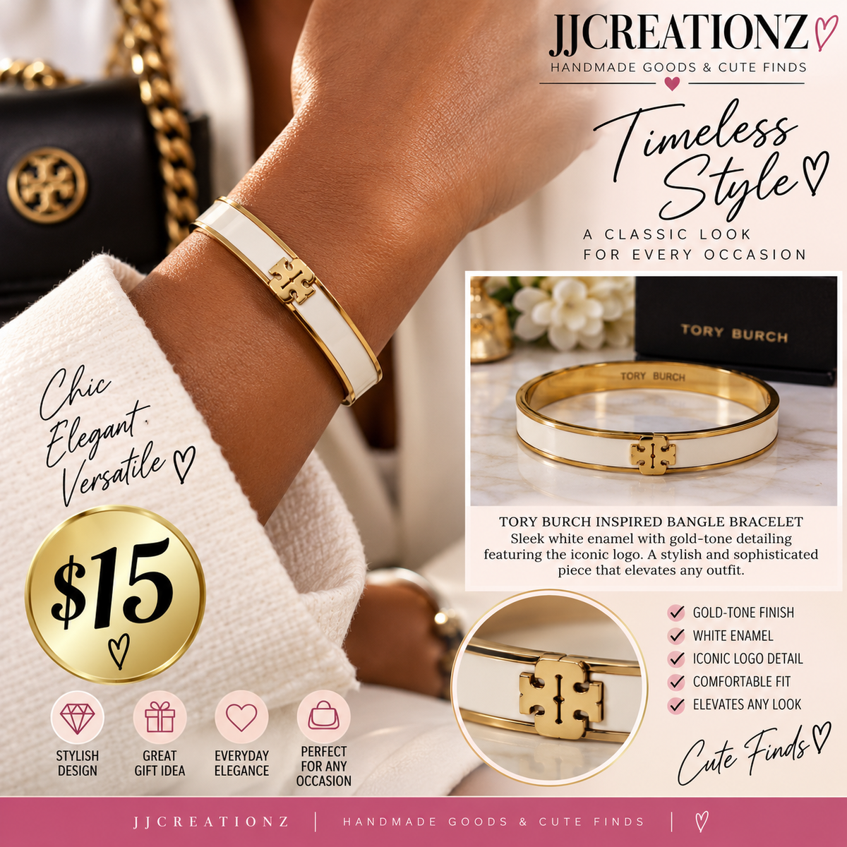 White Enamel & Gold-Tone Designer-Inspired Bangle Bracelet