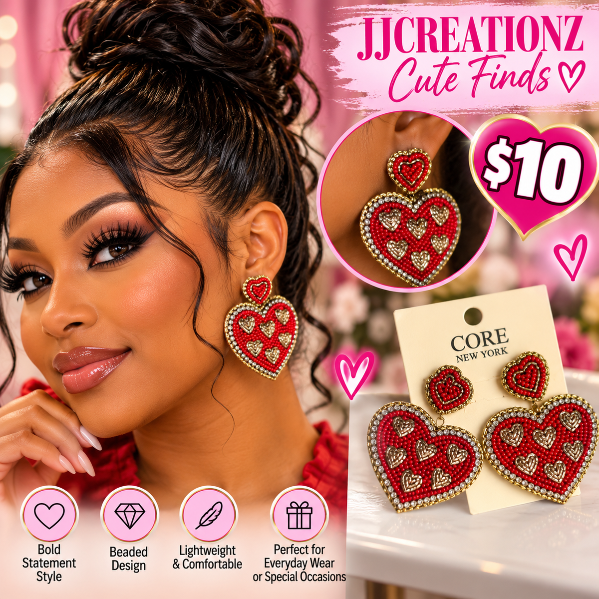Red & Gold Beaded Double Heart Statement Earrings – CORE New York