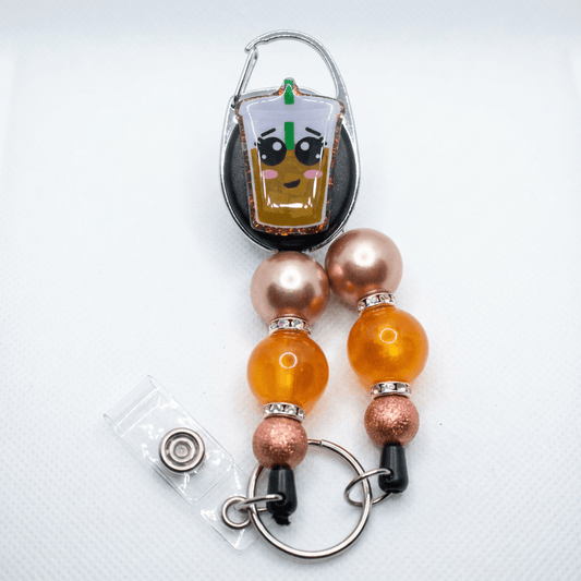 🧋 Iced Coffee Badge Reel – Cute Beaded Retractable ID Holder