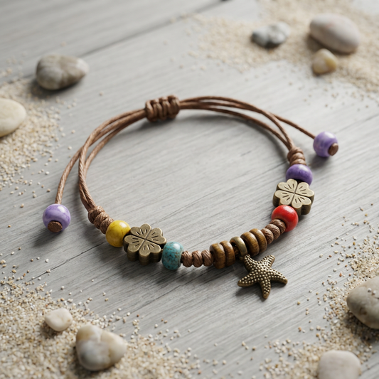 Boho Adjustable Charm Bracelet – Starfish & Floral Beaded Bracelet