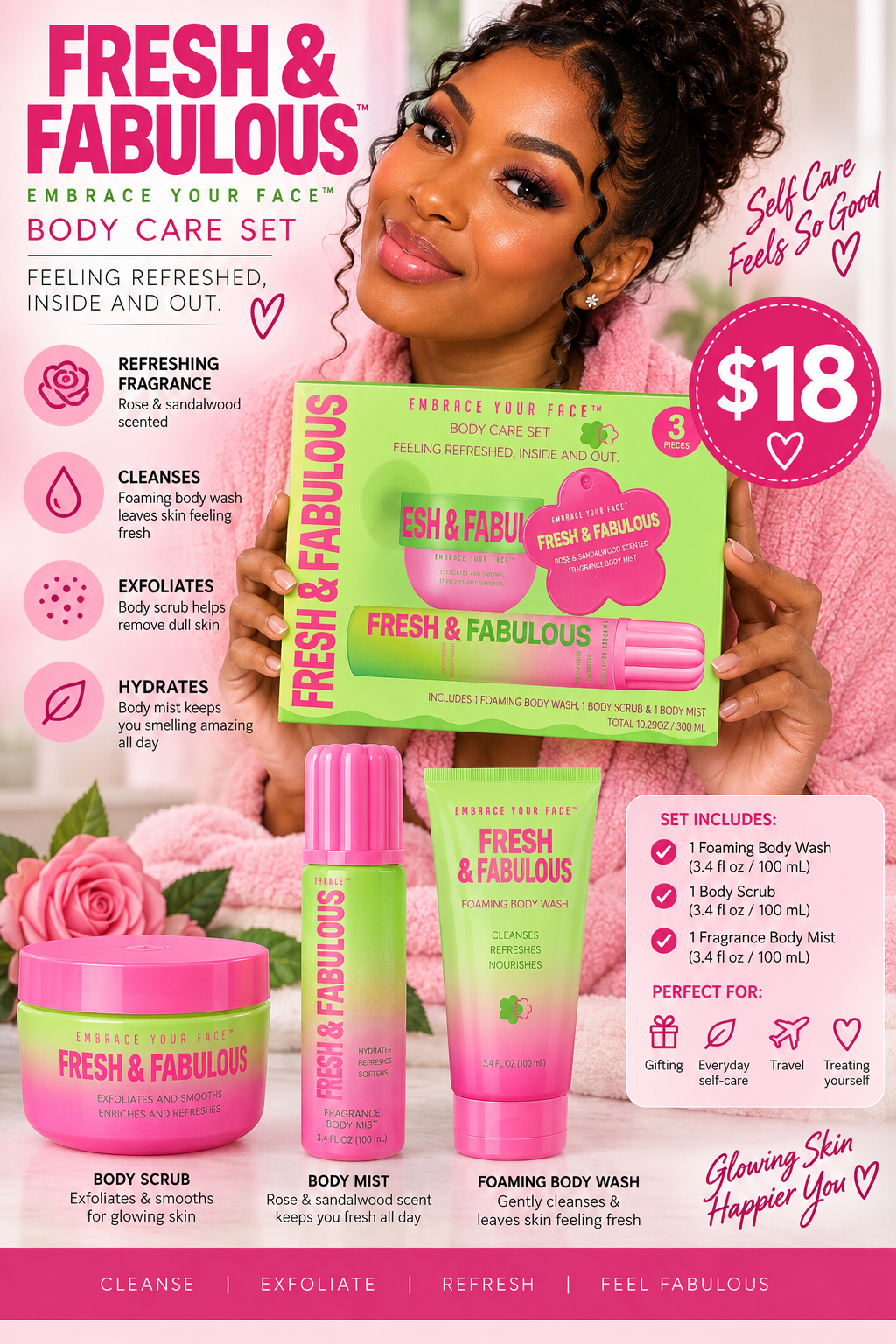 Fresh & Fabulous 3-Piece Body Care Gift Set – Rose & Sandalwood | Embrace Your Face