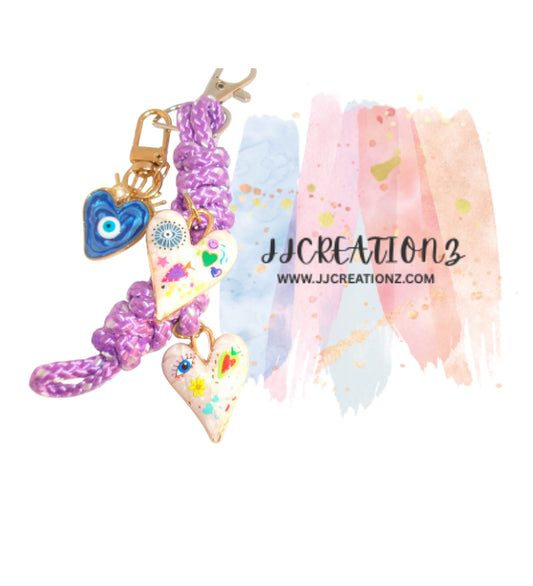 💜 Boho Heart Charm Rope Keychain with Evil Eye & Beads