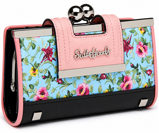 Blue Floral Kiss-Lock Clutch Wallet – Pink & Black Trim